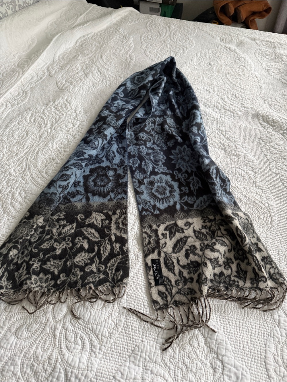 FRAAS Cashmink Floral Scarf Gray Blue Soft Fringed Elegant